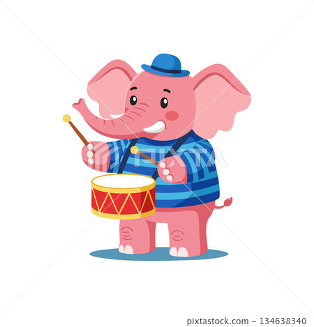 Pink elephant playing drum wearing blue hat and striped shirt vector illustration Pink elephant playing drum wearing blue hat and striped shirt vector illustration 134638340
