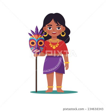 Young woman holding colorful tribal mask wearing traditional ethnic attire vector illustration Young woman holding colorful tribal mask wearing traditional ethnic attire vector illustration 134638343