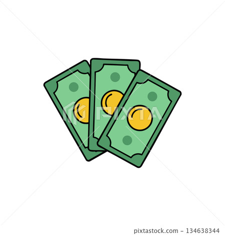 Stack of green paper money bills with yellow coins vector illustration Stack of green paper money bills with yellow coins vector illustration 134638344