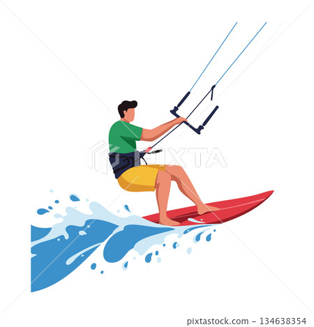 Man kite surfing on red board with yellow shorts and green shirt vector illustration 134638354