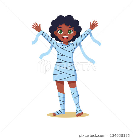 Child wearing mummy costume with bandages in Halloween celebration vector illustration Child wearing mummy costume with bandages in Halloween celebration vector illustration 134638355