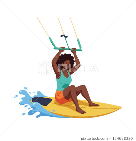 Woman riding yellow kiteboard with blue splash in summer outdoor water sport activity 134638380