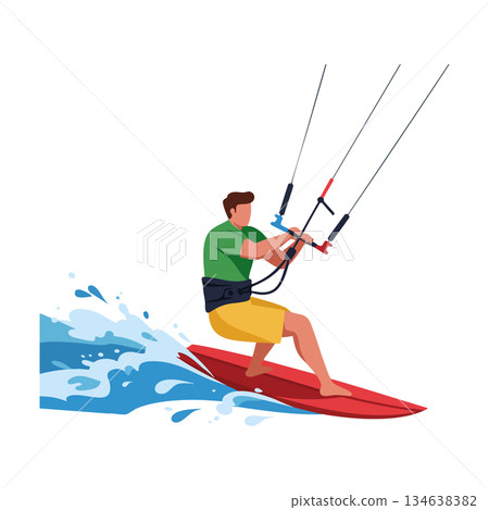 Kite surfer riding waves on red board with green shirt and yellow shorts vector illustration Kite surfer riding waves on red board with green shirt and yellow shorts vector illustration 134638382