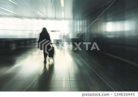 Blur view with passengers walking in big airport terminal interior. Neural network ai generated art 134638445
