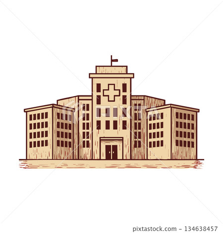 Hospital building with cross symbol and flag on roof in simple vintage style vector illustration 134638457