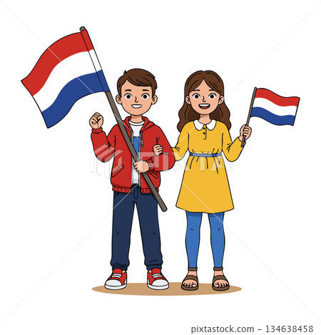 Children holding Netherlands flag celebrating national pride with happy expressions and colorful clothing vector illustration 134638458