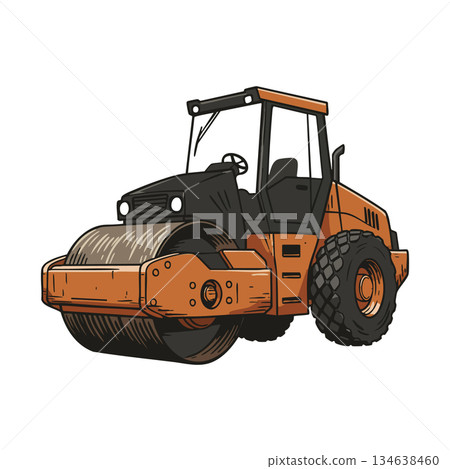 Road roller heavy construction machinery asphalt compactor equipment orange and black vehicle vector illustration 134638460
