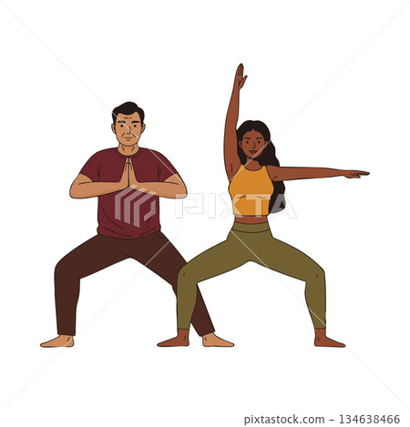 Yoga couple practicing warrior poses together with focus and balance vector illustration Yoga couple practicing warrior poses together with focus and balance vector illustration 134638466