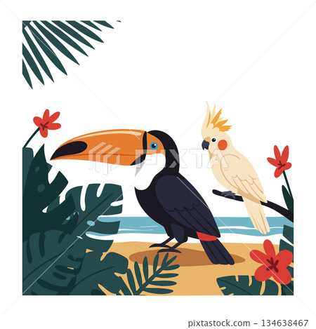 Tropical toucan and cockatoo bird vector with colorful jungle leaves and flowers in vibrant natural scene 134638467