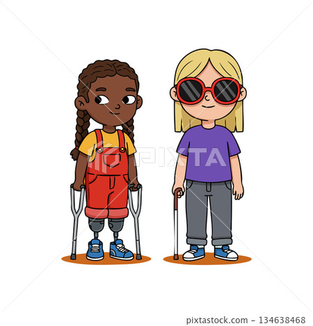 Two disabled children with prosthetic legs and walking aids smiling and standing together in colorful casual clothes vector illustration Two disabled children with prosthetic legs and walking aids smiling and standing together in colorful casual clothes vector illustration 134638468