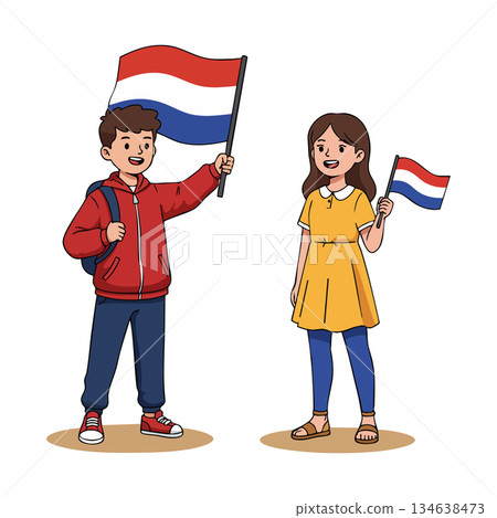 Children waving Dutch flags celebrating national pride with happy expressions in casual clothing vector illustration 134638473