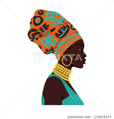 African woman profile with colorful headwrap and traditional jewelry vector art design in vibrant style 134638474