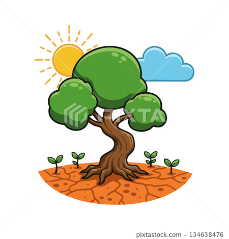 Tree with green leaves on dry cracked earth under sun and cloud vector illustration natural environment concept 134638476