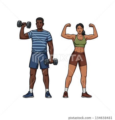 Fitness couple exercising with dumbbells and showing muscle strength in gym workout vector illustration Fitness couple exercising with dumbbells and showing muscle strength in gym workout vector illustration 134638481
