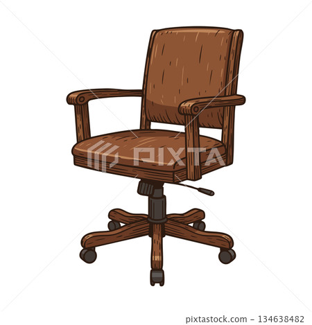 Brown wooden office chair with wheels and adjustable height vector illustration for workspace comfort design Brown wooden office chair with wheels and adjustable height vector illustration for workspace comfort design 134638482