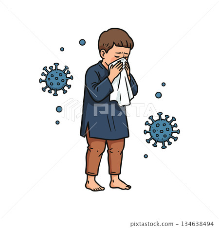 Child sneezing with tissue surrounded by virus particles representing illness and infection vector illustration Child sneezing with tissue surrounded by virus particles representing illness and infection vector illustration 134638494