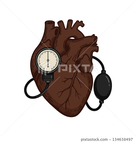 Human heart holding blood pressure gauge measuring cardiovascular health and circulation vector illustration 134638497