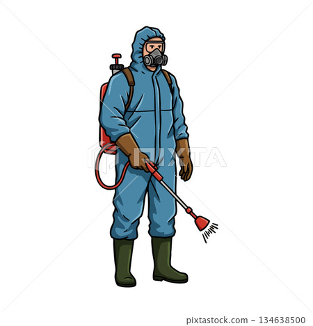 Person in protective suit spraying disinfectant with backpack sprayer for sanitation and safety measures vector illustration Person in protective suit spraying disinfectant with backpack sprayer for sanitation and safety measures vector illustration 134638500