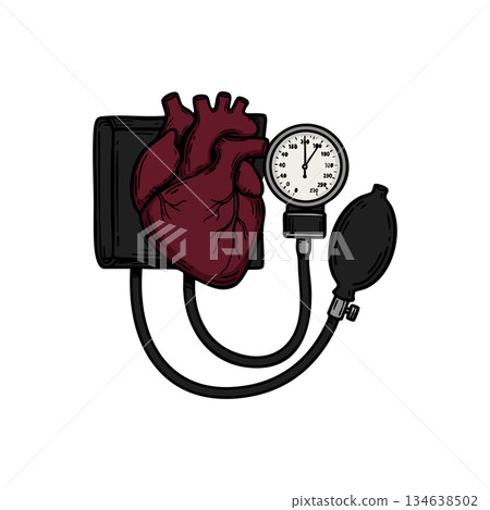 Human heart connected to blood pressure monitor vector medical health design illustration 134638502