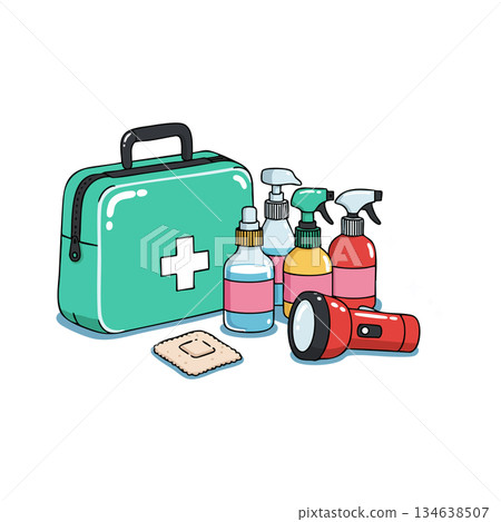 First aid kit with spray bottles and flashlight for emergency preparedness and home safety essentials vector illustration 134638507