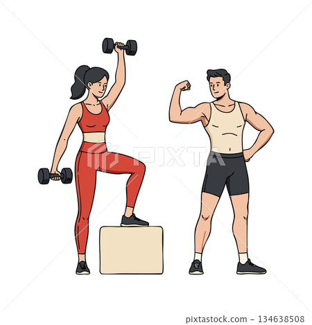 Fitness couple exercising with dumbbells woman in red activewear and man flexing muscles vector illustration 134638508