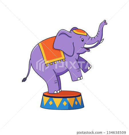 Purple circus elephant balancing on colorful pedestal with decorative blanket vector illustration 134638509