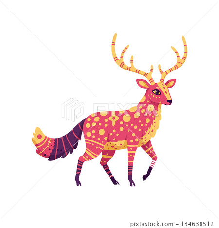 Colorful stylized deer with antlers and decorative patterns in vibrant warm tones vector design 134638512