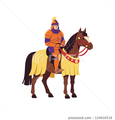 Knight in orange armor riding brown horse with yellow saddle and red bridle vector illustration Knight in orange armor riding brown horse with yellow saddle and red bridle vector illustration 134638516