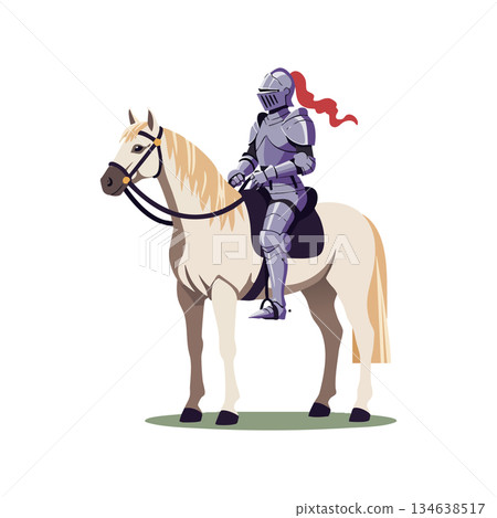 Medieval knight wearing full armor riding horse with red plume helmet plume vector illustration design Medieval knight wearing full armor riding horse with red plume helmet plume vector illustration design 134638517