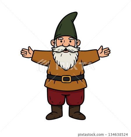 Gnome character with open arms wearing green hat brown jacket and red pants vector illustration Gnome character with open arms wearing green hat brown jacket and red pants vector illustration 134638524
