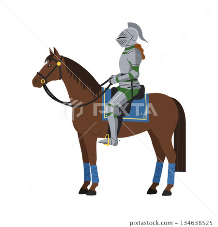 Knight in full armor sitting on brown horse with blue saddle and leg wraps vector illustration Knight in full armor sitting on brown horse with blue saddle and leg wraps vector illustration 134638525