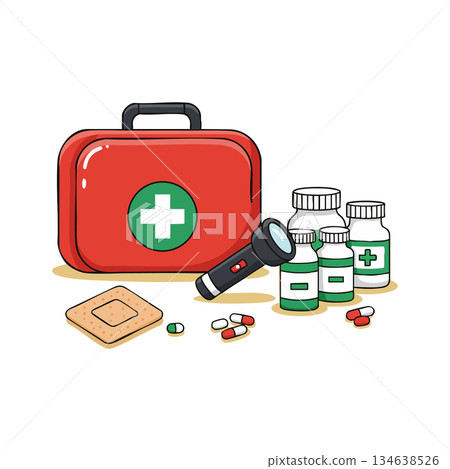 Medical first aid kit with pills bottles flashlight and bandage vector illustration for healthcare and emergency preparedness 134638526