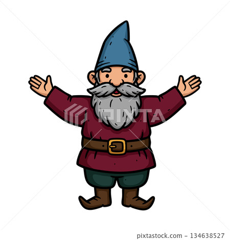 Cartoon dwarf with grey beard wearing blue hat and burgundy clothes welcoming gesture vector illustration 134638527