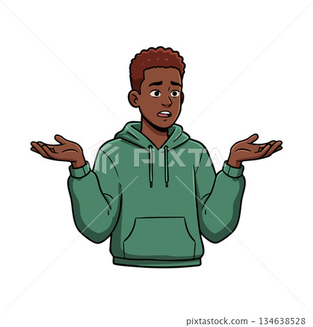 Young man shrugging shoulders in green hoodie expressing confusion or uncertainty in vector cartoon style 134638528