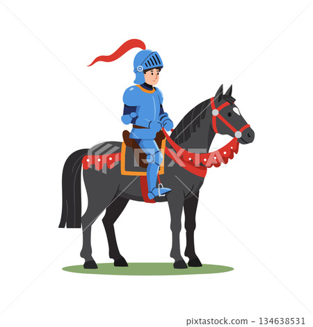 Knight in blue armor riding black horse with red harness and plume vector illustration 134638531