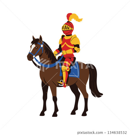 Medieval knight in red and yellow armor riding brown horse with blue saddle vector illustration Medieval knight in red and yellow armor riding brown horse with blue saddle vector illustration 134638532