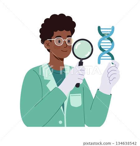 Scientist examining DNA double helix model with magnifying glass in laboratory setting vector illustration Scientist examining DNA double helix model with magnifying glass in laboratory setting vector illustration 134638542