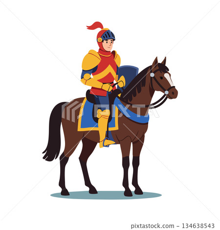 Knight in shining armor riding brown horse detailed medieval warrior with helmet and sword vector illustration Knight in shining armor riding brown horse detailed medieval warrior with helmet and sword vector illustration 134638543