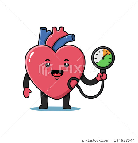 Cartoon human heart character holding blood pressure meter vector illustration for health awareness and medical education 134638544