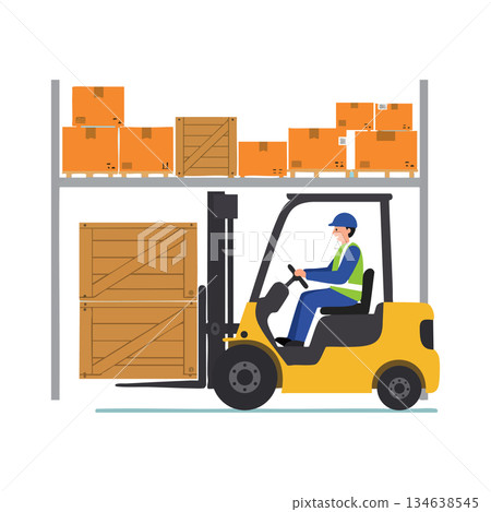 Forklift operator moving wooden crates in warehouse storage area with stacked cardboard boxes and safety gear 134638545