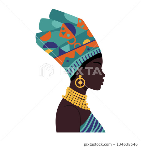 African woman profile with traditional colorful headwrap and jewelry vector illustration for cultural design and decoration African woman profile with traditional colorful headwrap and jewelry vector illustration for cultural design and decoration 134638546