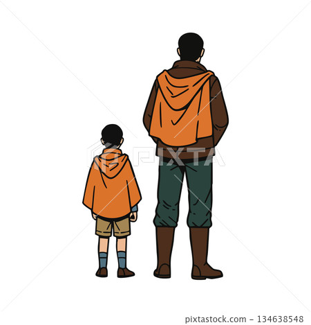 Two people standing back view with orange hoodies and casual clothing vector illustration 134638548