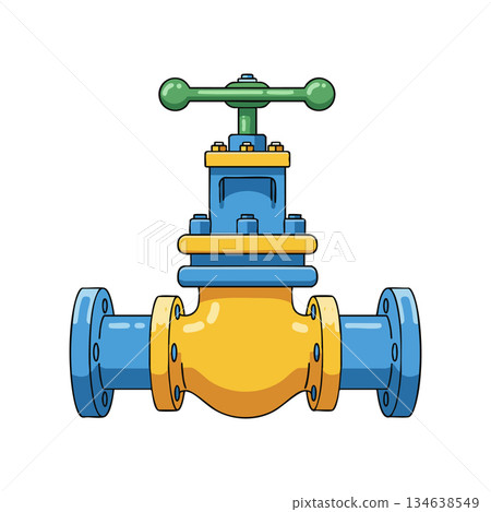 Industrial metal valve with green handle and blue yellow pipes vector illustration for technology and industry use Industrial metal valve with green handle and blue yellow pipes vector illustration for technology and industry use 134638549