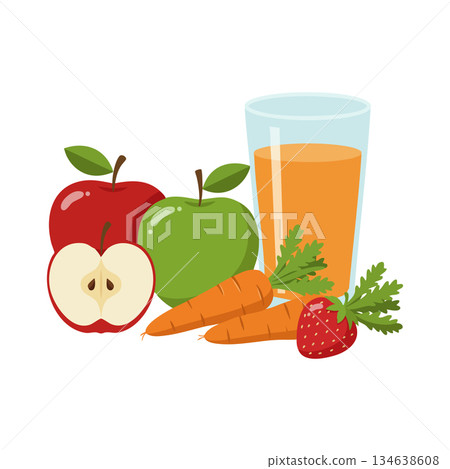 Fresh apple carrot strawberry juice and fruits healthy vector illustration for nutrition and wellness concept Fresh apple carrot strawberry juice and fruits healthy vector illustration for nutrition and wellness concept 134638608