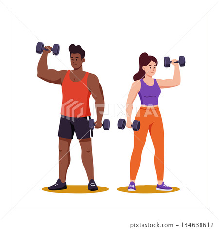Fitness training with man and woman lifting dumbbells for healthy lifestyle and exercise motivation vector illustration Fitness training with man and woman lifting dumbbells for healthy lifestyle and exercise motivation vector illustration 134638612