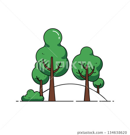 Green Trees with Brown Trunks and Bush on White Background Vector Illustration Nature Scene 134638620
