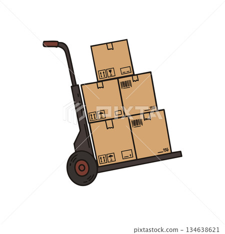 Hand truck with stacked cardboard boxes for shipping and delivery logistics equipment vector illustration 134638621