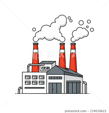 Industrial factory with red chimneys emitting white smoke vector illustration of pollution and manufacturing facility Industrial factory with red chimneys emitting white smoke vector illustration of pollution and manufacturing facility 134638622