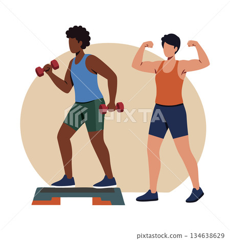 Fitness exercise with two people doing step aerobics and weight training for health and strength improvement 134638629