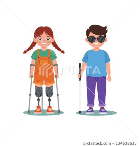 Children with disabilities walking confidently using prosthetic legs and white cane vector illustration Children with disabilities walking confidently using prosthetic legs and white cane vector illustration 134638633